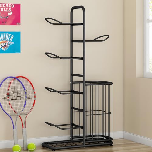 YIILII Multi-Function Sports Equipment Storage Racks - Adjustable and Durable Solutions for Organizing Balls, Toys, and Gear Indoors, in Garages, or Outdoors (5-Tier-Black-with Basket)