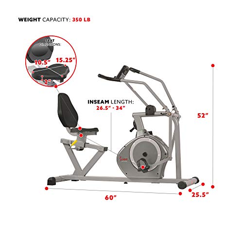 Sunny Health & Fitness Compact Performance Recumbent Bike with Dual Motion Arm Exercisers, Quick Adjust Seat & Exclusive SunnyFit® App Enhanced Bluetooth Connectivity - SF-RB420032 Gray