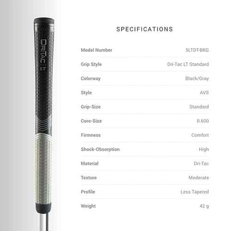 WINN DRI-TAC LT STANDARD Golf Grip - Non-Slip Comfort, Moisture-Wicking, Shock Absorption, AVS Technology, Hand Alignment & Arthritis Relief, Better Control with Lighter Grip Pressure, Ideal for Hand Injuries, Less Tapered Profile for Easier Gripping