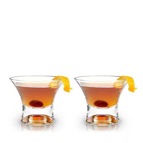 Viski Heavy Base Stemless Manhattan Glasses Set of 2 - Premium Crystal Cocktail Glass, Stemless Martini Glasses, Cocktail Glass Gift Set, 7 oz