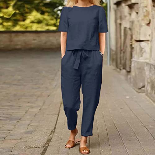 prime wardrobe womens clothing 2 Piece Outfits for Women Summer Cotton Linen Casual Matching Set Short Sleeve T Shirts and Capri Pants with Pockets women apparel Blue L