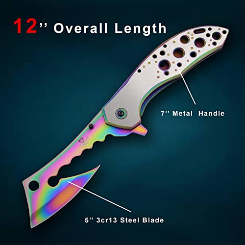 Snake Eye Tactical 12" Jumbo Huge Heavy Duty Ultra Smooth One Hand Opening Folding Pocket Knife Limited Edition Collectors Knife - Ideal for Recreational Work Hiking Camping (Rainbow)