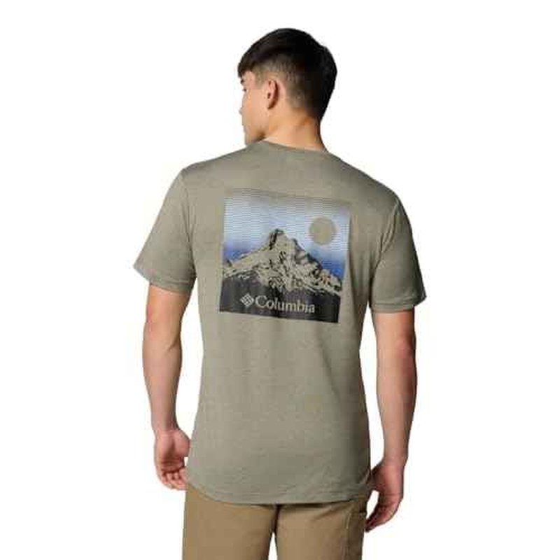 Columbia Men's Kwick Hike Back Graphic Short Sleeve Tee, Stone Green Heather/Linear View Multi, Medium