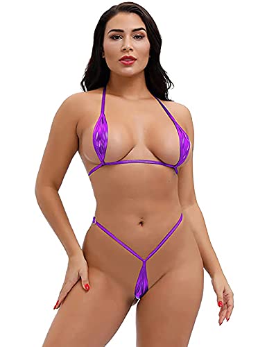 EVAbaby Sexy Women Halter Neck Bra Top Thong Summer Swimwear Mini Micro Bikini Set Purple