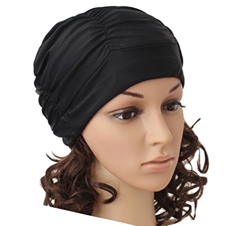 Ewanda store Colorful Pleated Nylon Cloth Swim Cap Large Swimming Cap Hot Spring Bathing Caps for Adult Men Women Long Hair(Black)