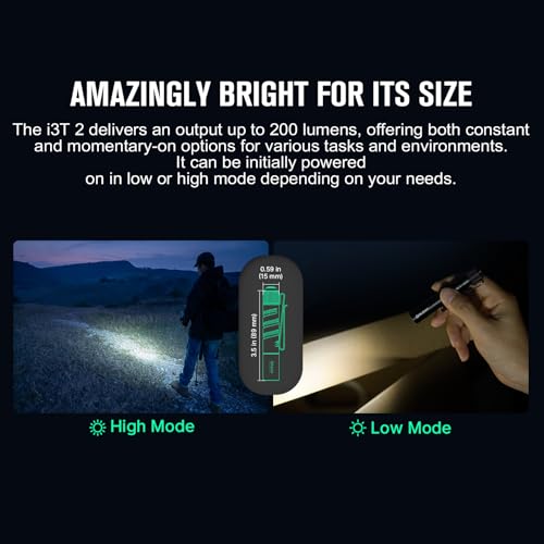 OLIGHT I3T 2 EOS Pocket EDC Flashlight, 200 Lumens Compact Bright Handheld Flashlights, Dual-Output Tail Switch Light with AAA Battery and Two-Way Pocket Clip for Camping and Hiking (Black)