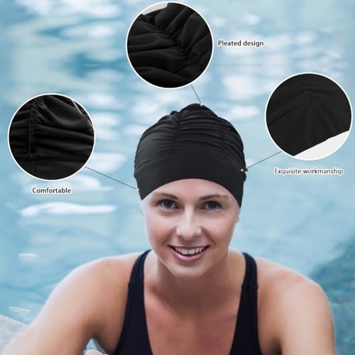 Ewanda store Colorful Pleated Nylon Cloth Swim Cap Large Swimming Cap Hot Spring Bathing Caps for Adult Men Women Long Hair(Black)