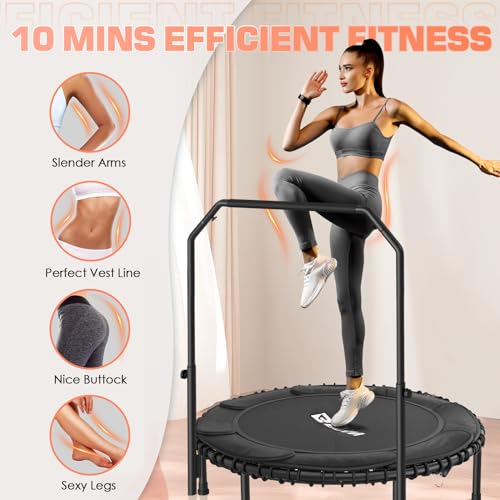 BCAN 450/550 LBS Foldable Mini Trampoline, 40"/48" Fitness Trampoline with Bungees, U/T Shape Adjustable Foam Handle, Stable & Quiet Exercise Rebounder for Kids Adults Indoor/Garden Workout