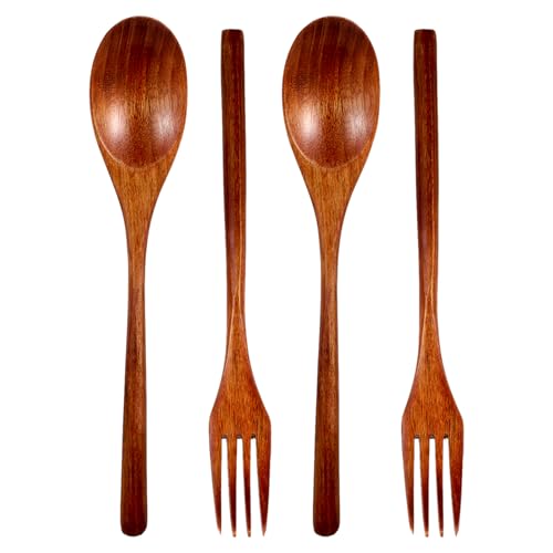 4Pcs Wooden Spoons and Forks for Eating Utensil Set, Korean Wooden Spoon Fork Cutlery Set Reusable Kitchen Wood Dinner Flatware Tableware for Travel and Camping