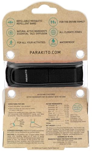 PARA'KITO Mosquito Insect & Bug Protection Wristband - Mosquito Stickers, Bug Spray Alternative Essentials for Beach, Camping and Summer Hiking - Natural Essential Oils (Black)