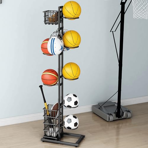 YIWANFW Ball Storage Rack, Vertical Ball Rack Garage Ball Storage, 7 Tier Basketball Holder Sport Ball Organizer for Kids, Basketball Racks for Balls Holder with Basket for Volleyball Football Soccer