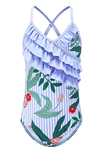 Big Girls One Piece Swimsuit Hawaiian Ruffle Swimwear Floral Bathing Suit Green Size 10