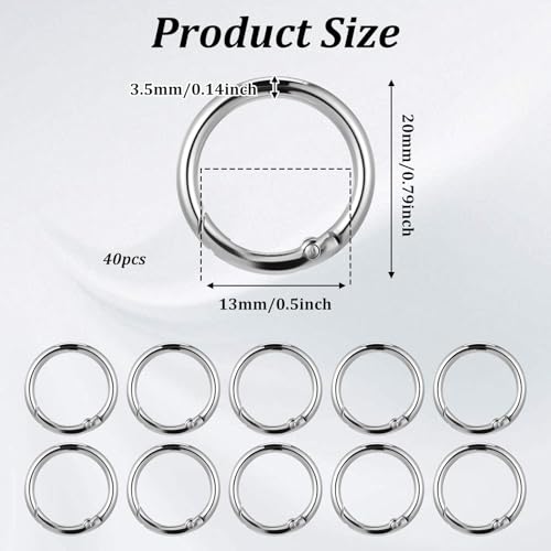 40 Pack 0.5 Inch Round Buckle Clips, Metal Spring O Rings Silver Carabiner Clips Keychain Snap Hook Zinc Alloy Keyring Buckle for Bag Purse Craft DIY