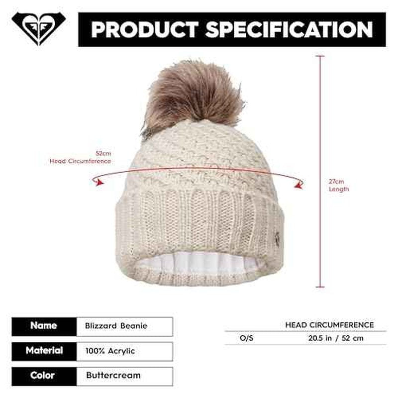 Roxy Women's Blizzard Beanie - Chunky Knit Winter Hat with Faux Fur Pom, Fleece-Lined