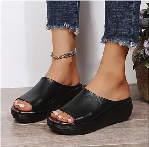 WUIJHIKC Orthopedic Sandals for Women, 2024 Summer Comfortable Orthotic Leather Wedges Slides Dressy Platform Heel Arch Support Slip Sandals, Orthopedic Sandals Chic and Comfortable (Black,4)