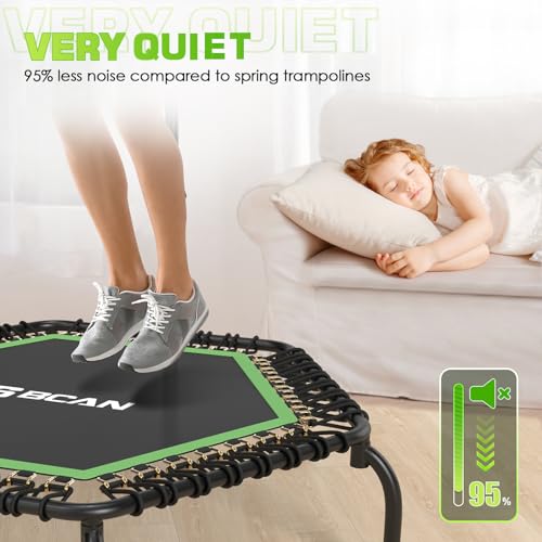 BCAN 48" Mini Trampoline, 550 LBS Fitness Trampoline with T-Adjustable Handle Bar, Bungees, Stable & Quiet Exercise Rebounder for Kids Adults Indoor/Garden Workout-Green