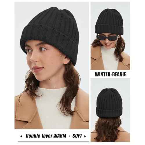 Winter Beanie Hat for Women Fleece Lined Beanies Soft Chunky Warm Wool Blend Knit Hats Womens Men Snow Cap