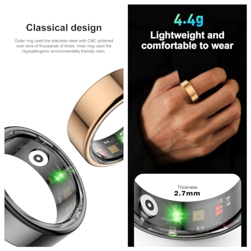 EOGBM Smart Ring Fitness Tracker Health Heart Rate, Oximetry, Sleep, Exercise Monitoring, Compatible with iOS and Android (Rose Gold) (8#)