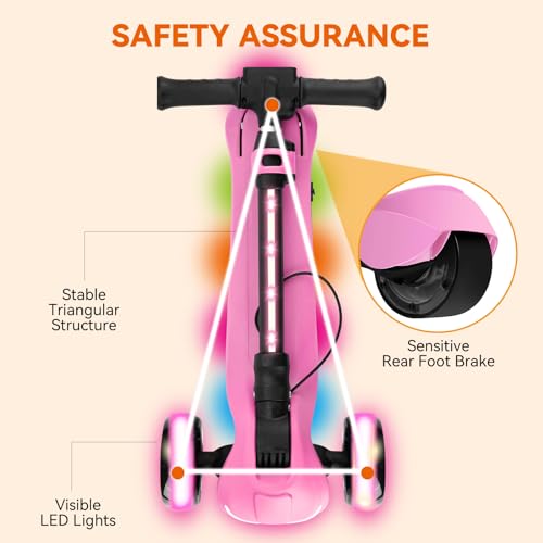 24V Electric Scooter for Kids w/150W Powerful Motor, Thumb Throttle, LCD Screen, Bluetooth, Light-Up Stem Deck & Wheels, 3 Adjustable Heights, 5MPH Safe Speed, 3 Wheel Electric Scooter for Kids, Pink