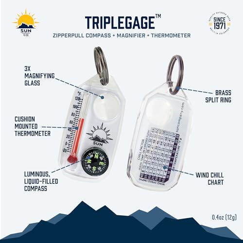 Sun Company TripleGage - 3-in-1 Zipper Pull with Compass, Thermometer, and Magnifying Glass | Essential Outdoor Navigation Tool for Camping, Hiking, and Scouting