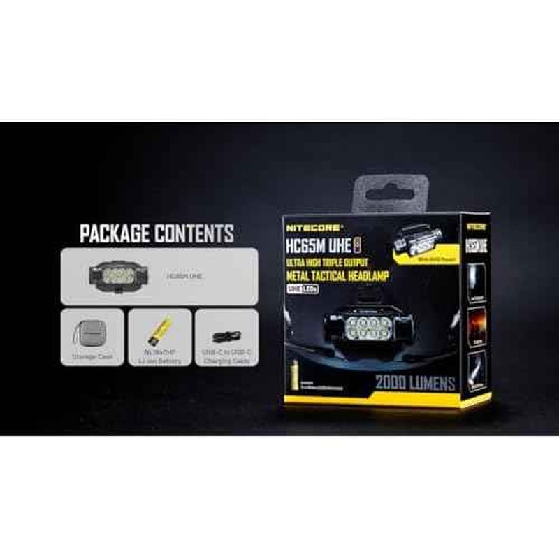 Nitecore HC65M UHE Headlamp Ultra High Triple Output Metal Tactical Rechargeable Headlamp -2000 Lumens w/Extra NL1835HP, Eco- Sensa USB-C Cable & Battery Case Included