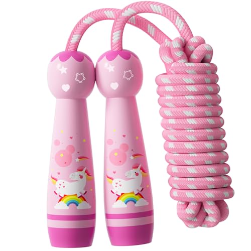 Jump Rope for Kids-Adjustable Cotton Braided Skipping Rope with Wooden Handle for Toddler Fitness Workout Exercise Outdoor Activity