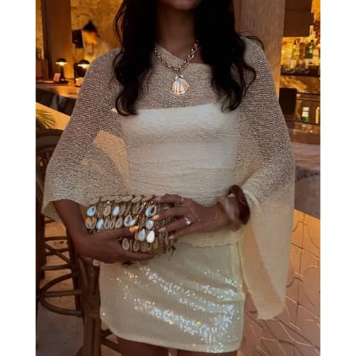 KMBANGI Women Sheer Knit Poncho Lightweight See Through Shrug Bolero Sweater Top Mesh Knit Shawl Wraps Cover Up