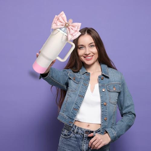 Bling Stanley Bow Straw Topper, Pearl Bow Lid Stanley Cup Accessories,Cute Straw Cover Cap, Silicone Boot Protector 3 PCS Sets for Tumbler Accessories