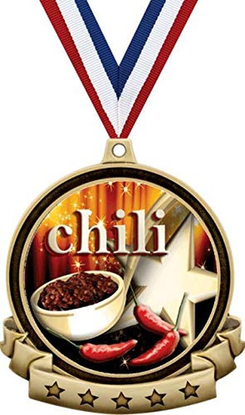 Chili Pot Medals - 2.5" Gold Chili Cook Off Medal Award Includes Red White and Blue Neck Ribbon, Great Cooking Awards 5 Pack Prime