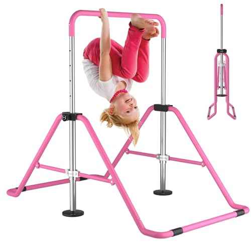 WATBKHE Gymnastics Bar for Kids Age 3-7 Years Old, Gymnastic Equipment for Kids Home, Adjustable & Folding Gymnastic Training Bar for Hanging, Pull Up, Tumbling Workout for Girls Boys (Pink)