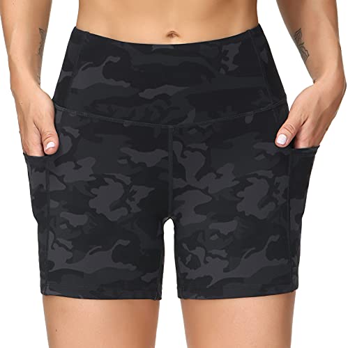 THE GYM PEOPLE High Waist Yoga Shorts for Women Tummy Control Fitness Athletic Workout Running Shorts with Deep Pockets (Large, Black Camo)