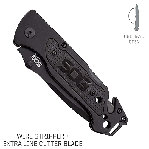 SOG Escape Tactical Folding Knife- 3.4 Inch Serrated Edge Blade Emergency Pocket Knife with Glass Breaker, Wire Stripper and Line Cutter Blades-Black (FF25-CP)