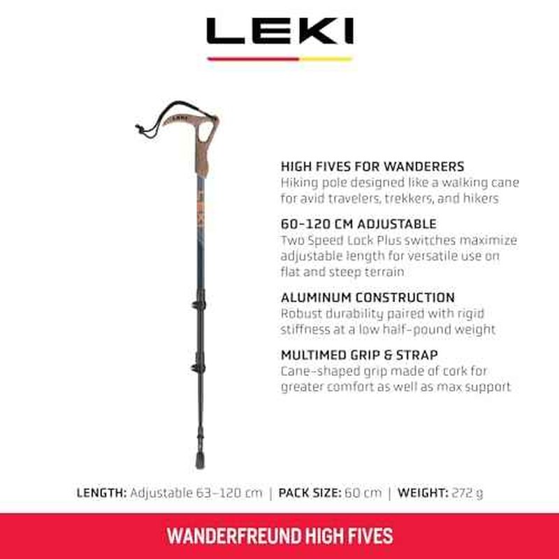 LEKI Wanderfreund High Fives Aluminum Adjustable Lightweight Walking Pole (Single) for Trekking & Hiking