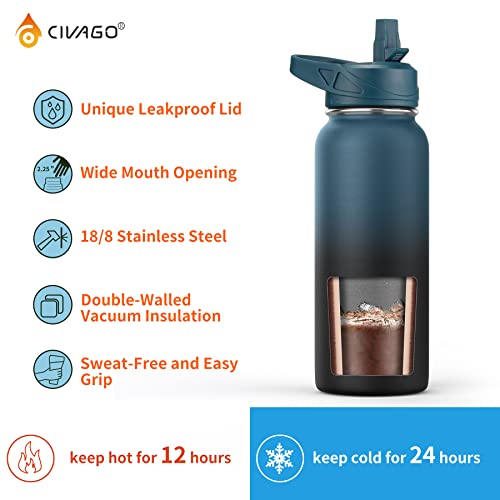 CIVAGO 32 oz Insulated Water Bottle With Straw, Stainless Steel Sports Water Cup Flask with 3 Lids (Straw, Spout and Handle Lid), Wide Mouth Travel Thermal Mug, Sage