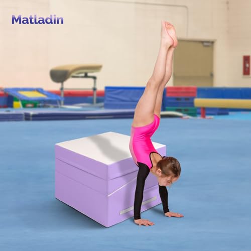 Matladin Incline Gymnastics Mat, 48"x24"x14" Tumbling Mats, Folding Gymnastics Cheese Wedge Mat, Gym Fitness Tumbling Skill Shape Mat for Kids Girls Home Training Exercise (White, Purple)