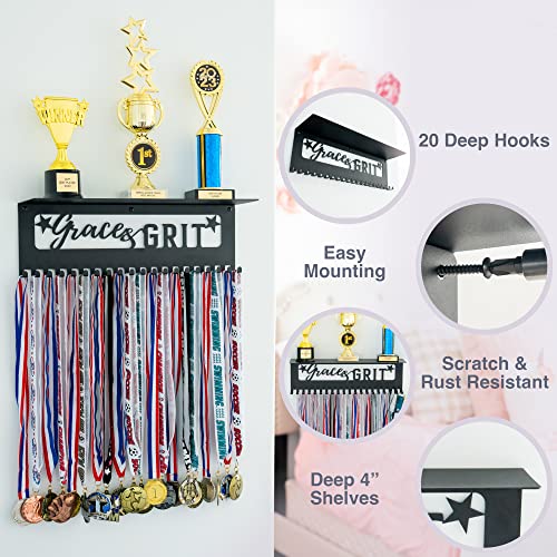 Medal Hanger Display and Large Trophy Shelf - Easy Install Metal Award Holder for Wall - Our 16.5" Sports Medal Display Rack for Gymnastics & Award Ribbons Comes with 10 Inspirational Stickers