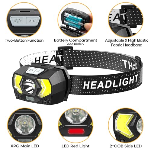 Eirnvop Headlamp 2 Pack,1500 Lumen Bright LED Head Lamp with 7 Modes, Head Lights for Forehead with Red Light, IPX5 Waterproof Head Light for Adults and Kids Camping Running, 6AAA Batteries Included