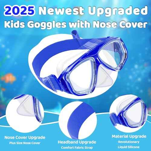 Vvinca Swim Goggles with Nose Cover, Snorkel Diving Mask Fabric Strap Wide View Anti-Fog/UV Swimming Goggles for Kids 3-14