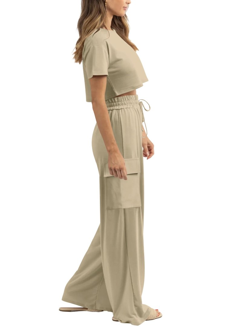 Atizon Women 2 Piece Outfits Summer Short Sleeve Crop Top Elastic Waist Wide Leg Pants Lounge Sets Casual