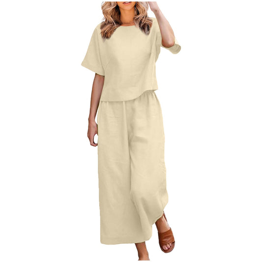 Rkwins Orders Placed by Me On to Be Delivered Linen Set for Women 2024 Summer Outfits 2 Piece Linen Outfits Short Sleeve Top Wide Leg Pants Set Loungwear Set Beige