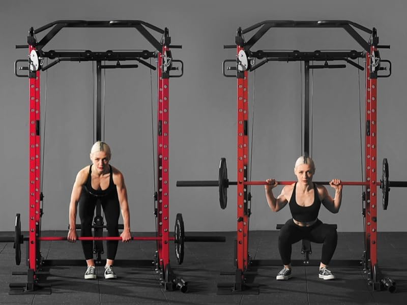 Power Cage - 1500LBS Multi-Function Workout Rack with Cable Crossover | Home Gym Equipment (Red)
