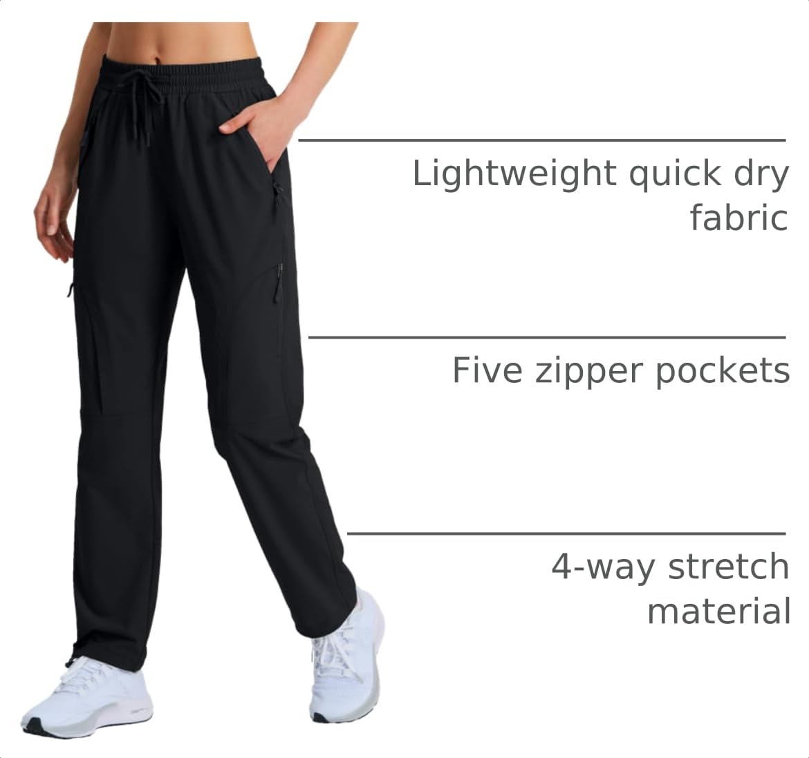 Hugut Women's Hiking Pants Quick Dry Lightweight Cargo Pants UPF 50 Water Resistant Zipper Pockets for Golf Travel Work Camping Black