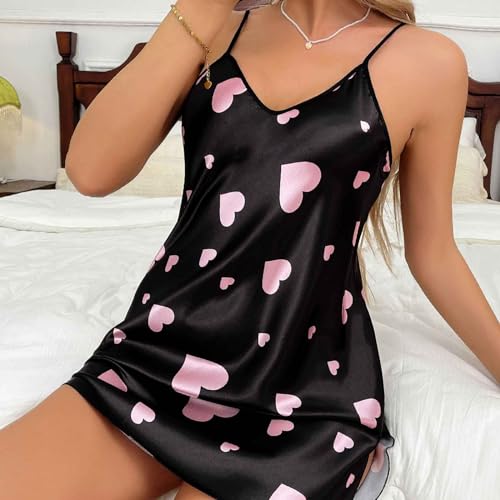 Womens Nightdress Fashion Print Sexy Backless Ice Silk Sling Pajamas Dresses Nightgowns Chemise Sleepwear Lingerie Style003 Pink Small