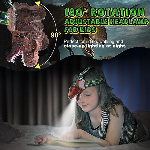 Nitigo Dinosaur Headlamp for Kids Flashlight Rechargeable Led Headlights Roar & Silent Mode, T-Rex Dinosaur Toys, Camping Gear, Gifts for Boys Girls Adults