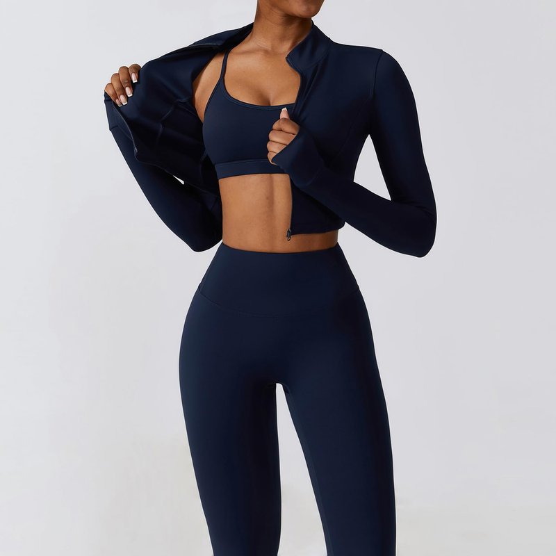 3 Piece Women Workout Set Sports Bra Crop Top Jacket with Thumb Holes Tummy Control High Waist Leggings M Navy Blue