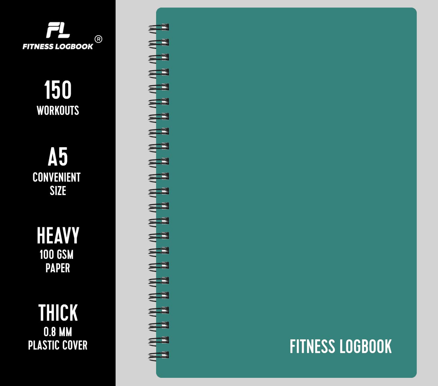 Fitness Logbook (Green) - A5 Undated Workout Journal For Men & Women - Plastic Cover & Thick Paper - Planner Log Book To Track Weight Loss, Muscle Gain, Gym Exercise, Bodybuilding Progress