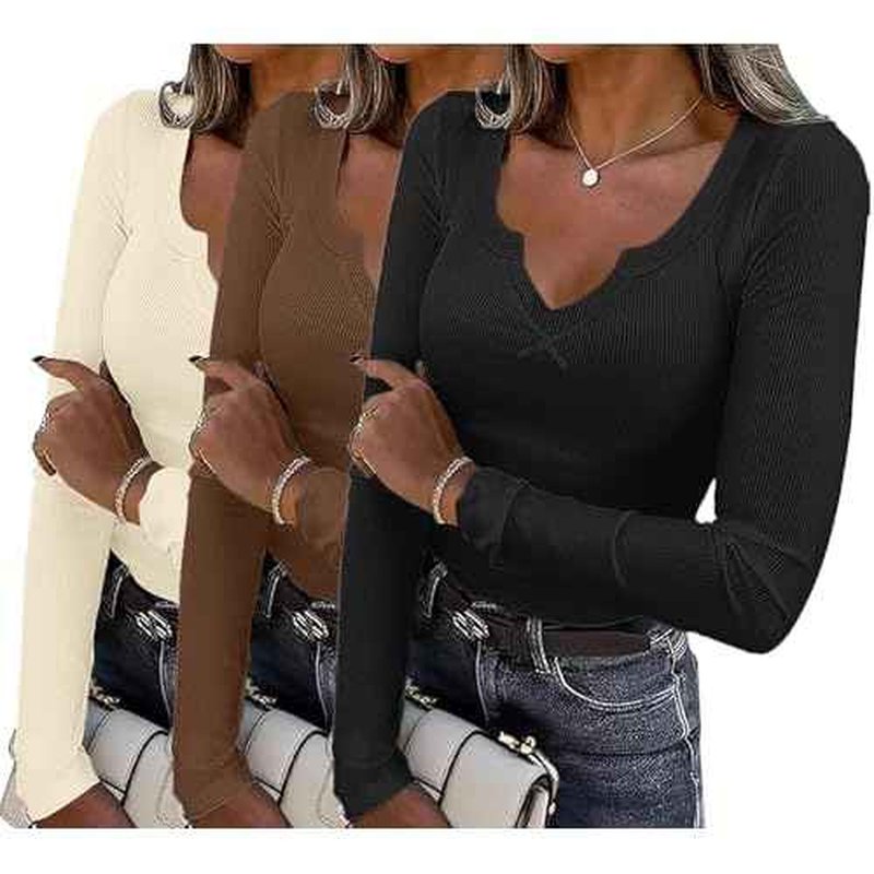 Ekouaer Womens 3 Pack Long Sleeve Shirts V-Neck Slim Fit Going Out Thermal Undershirts Ribbed Y2K Tops XS-XXL
