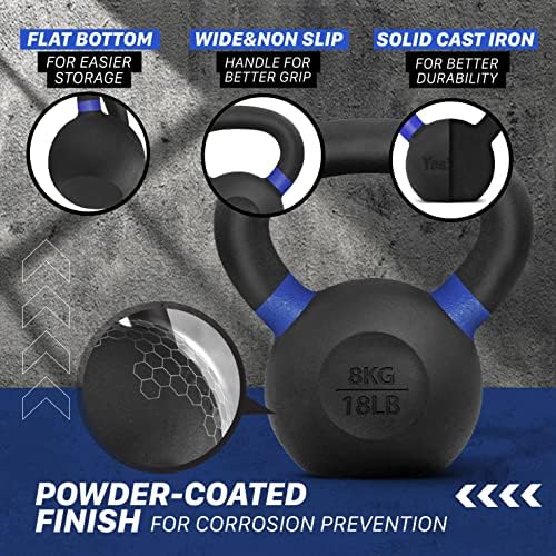 Yes4All Powder Coated Cast Iron Competition Kettlebell with Wide Handles & Flat Bottoms – 8 KG / 18 LB