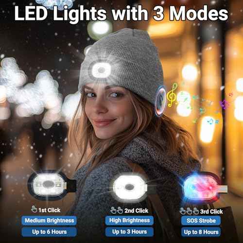 Rotibox Bluetooth Beanie with Light, Unisex USB Rechargeable 4 LED Headlamp Hat with Wireless Headphones