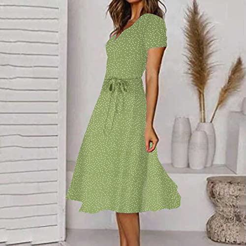 Clearance Womens Fall Clothes, Dresses for Women 2024 Casual Fashion V Neck Swing Polka Tie Waist Dress Summer Ruffle Short Sleeve Midi Sundress